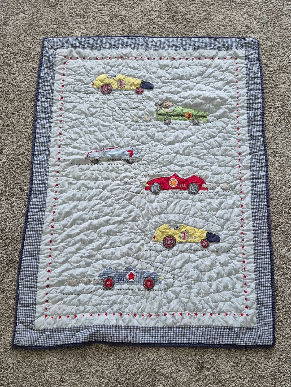 Pottery Barn Kids Racing Cars Quilt Crib Quilt - Yellow, Red, Green, Blue